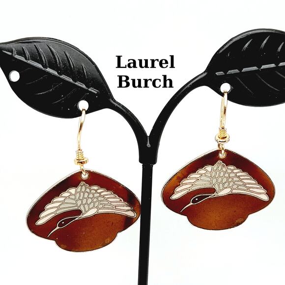Laurel Burch White Crane Earrings Vintage Enamel Bird Jewelry Gold Plated